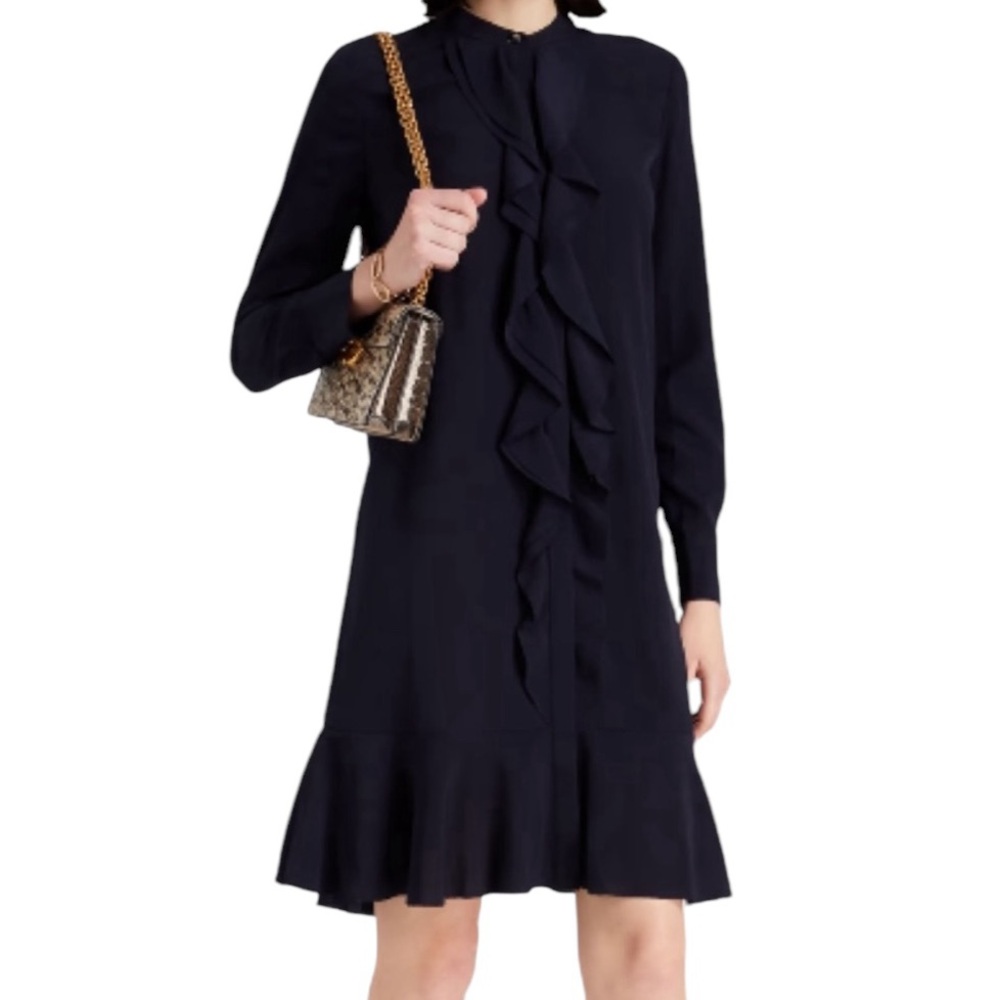 Tory Burch "Jane" Navy Blue Ruffled Crepe de Chine Shirtdress NWT 0